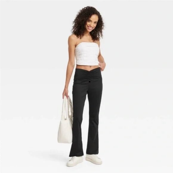 Women’s High Waisted Flare Leggings with Ruched Waistband Black Large - Picture 1 of 7